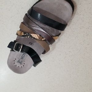 Mephisto backless sandal Never Worn Size 37.  Color black/tan/gold straps